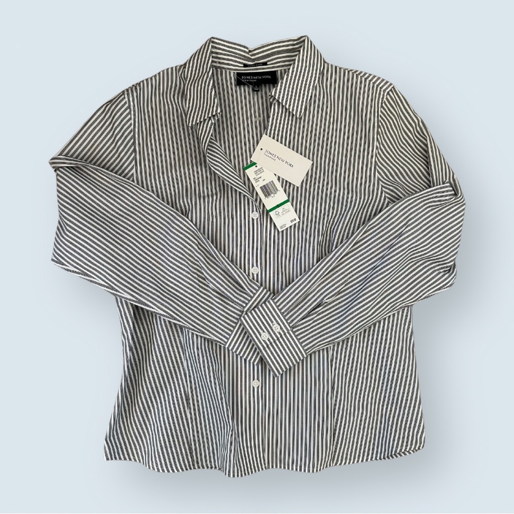 NEW WITH TAGS - Jones New York Black/White Striped Button Down Blouse (Size L)